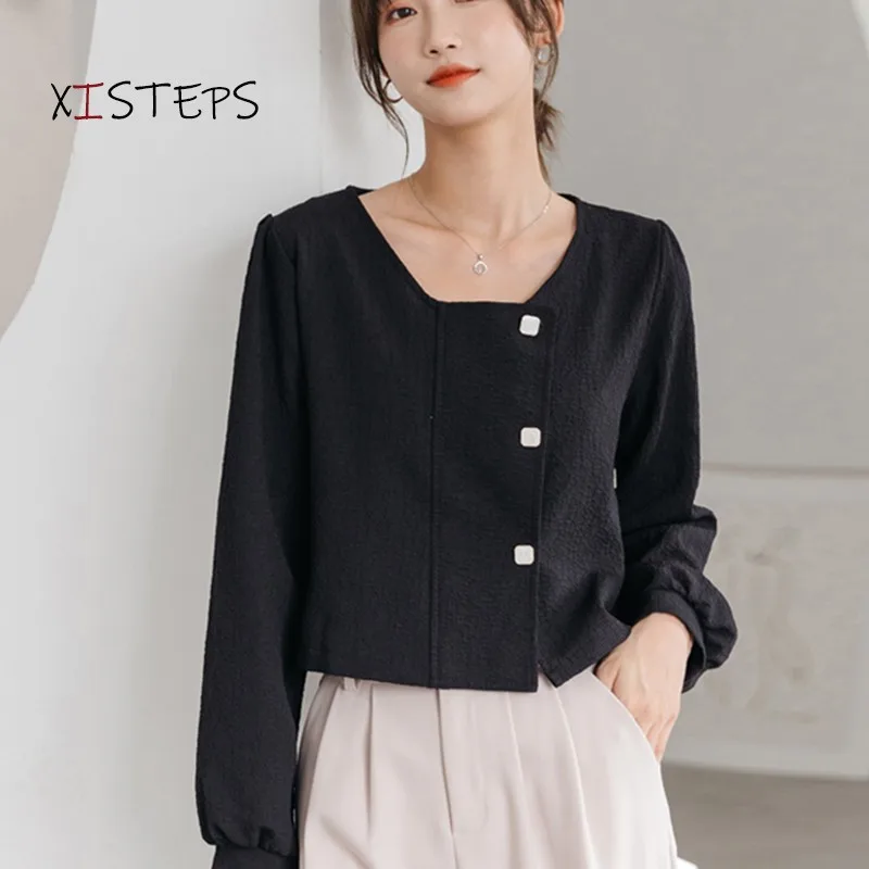 Bubble Sleeve Women Blouses Black Beige Square Neck Shirts Button Female Casual Tops 2021 Spring Short Tops Ladies Clothings