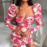 janevini new elegant floral print bodycon dresses square collar long sleeve ruched ruffles mini dress summer women party outfits