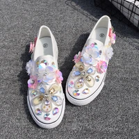 new ladies spring and autumn handmade rhinestone flower canvas lazy non slip sole white shoes girls all match sweet casual shoes