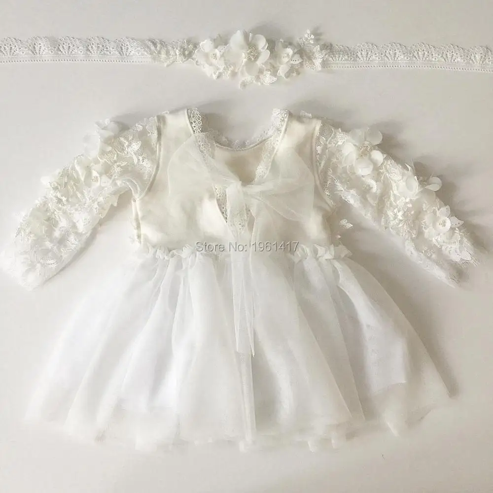 2020 Baby Girls Romper Set Newborn Baby Christening Dress + Headband + Hat Flower Lace romper