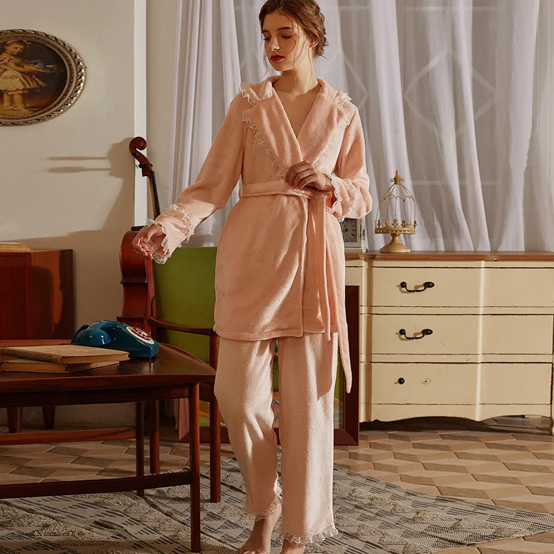 Roseheart New Winter Pink Women's Sleep Nightwear Suits Pajama Sets Sleepwear Suits Flannel Plus Size Nightgown 2 Pieces S M L