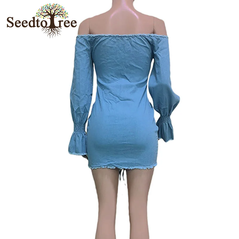

Sexy Off Shoulder Ruched Denim Bodycon Dresses Women Long Sleeve Spring Autumn Casual Pleated Mini Dress