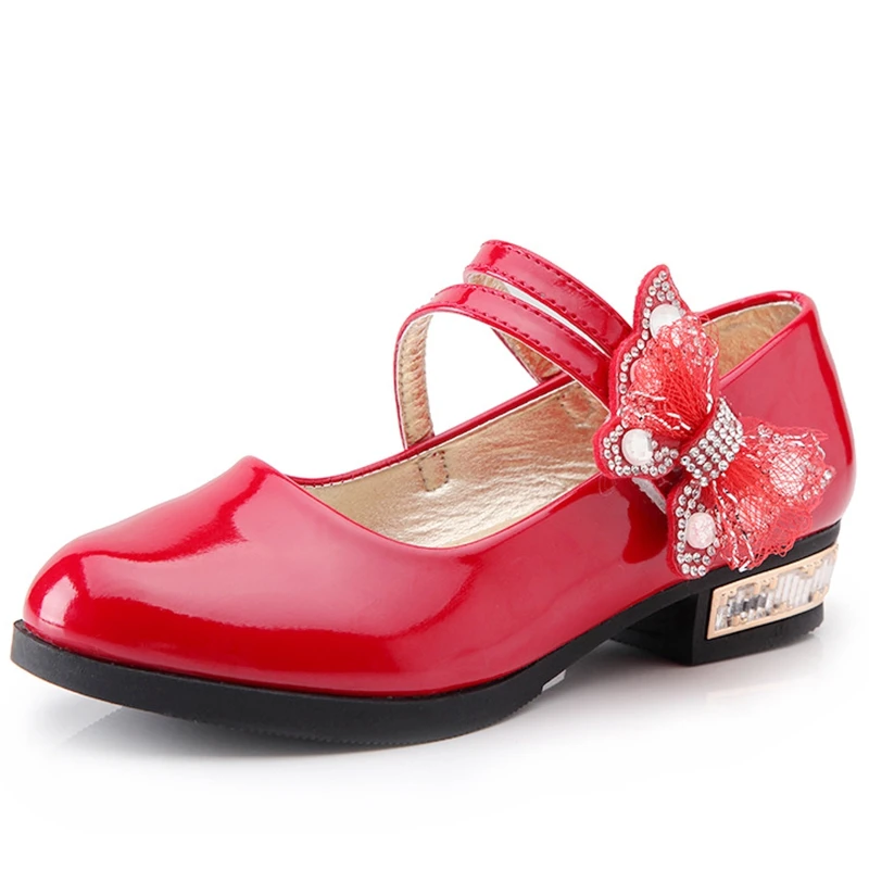 

16-23cm Princess Kids Bright Patent Leather Shoes for Girls Casual Children High Heel Girls Shoes Butterfly Knot Princess Shoe
