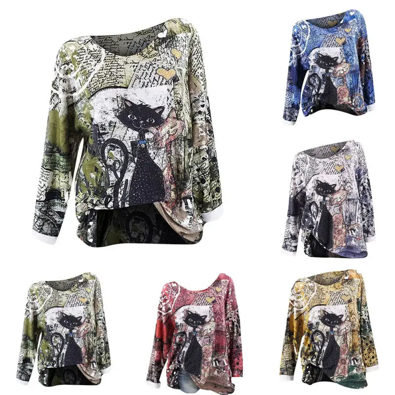 

Women Tshirts Casual Tops Cat Printed T-Shirt Pullover Lady Crew Neck Long Sleeve Tee Spring Autumn Fashion 2021 Female Clothing