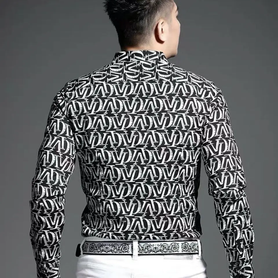 2021 trend light luxury slim men's long sleeve handsome top black spring digital printed casual shirt