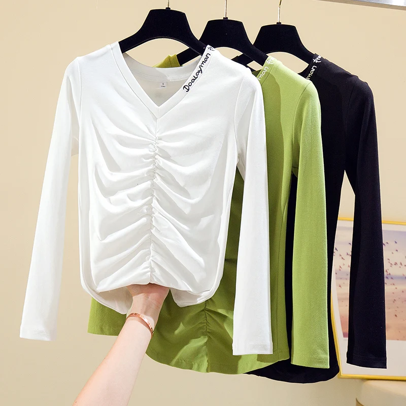 

gkfnmt Long Sleeve T Shirt Women Autumn Tops Folds V-Neck T-Shirt Female Korean Cotton Tshirt Woman Clothes Tee Shirt Femme