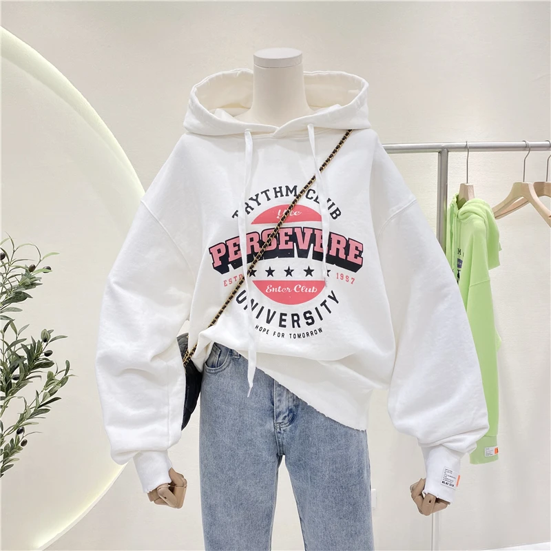 

Letter Printed Ripped Hooded Sweatshirt Women 2021 Spring New Drawstring Long Sleeve Casual Pullover Sweatshirt Sports Hoodies