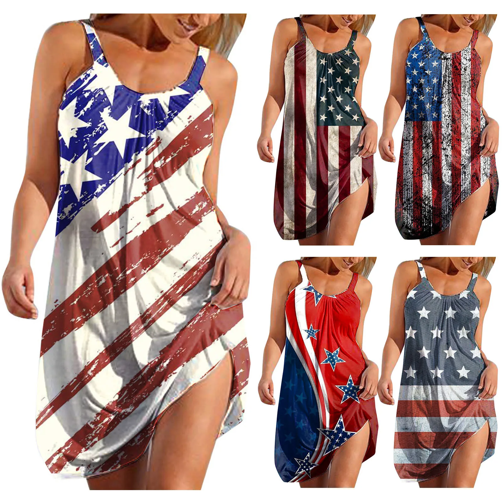 

2021 Women's beach Dress Summer Fashion Sexy Sleeveless Flag Printed Hem Casual Loose party Dress vestido playa mujer