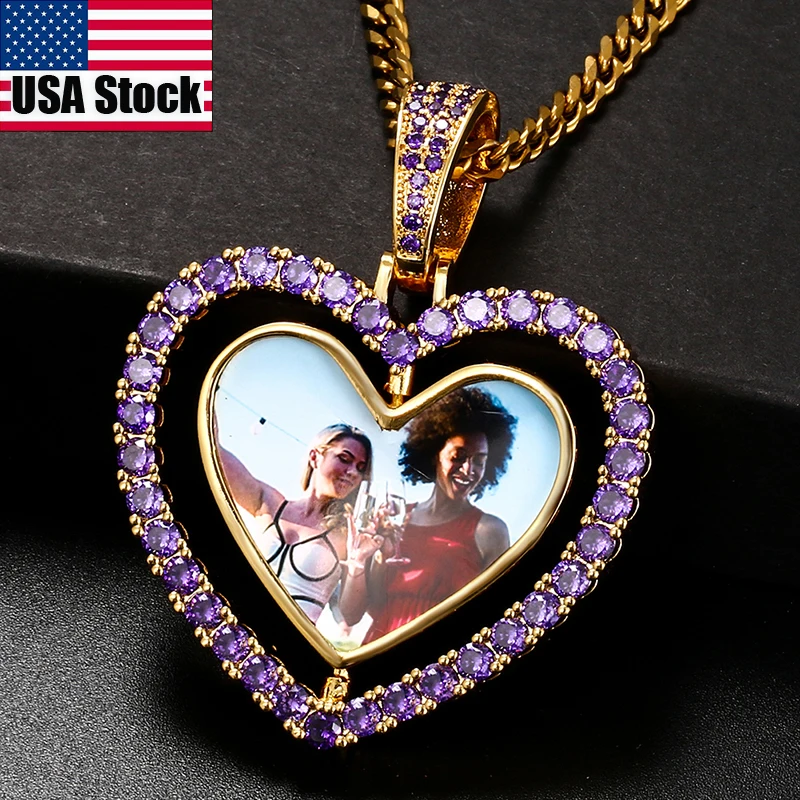 

Розовое сердце на заказ ожерелье с фото кулон вращающиеся двухсторонние медальоны Iced Out циркон цепь для мужчин хип-хоп ювелирные изделия на заказ подарок