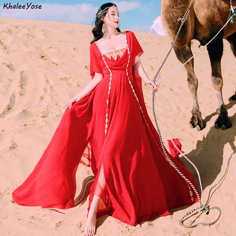 Khalee Yose Red Vintage Maxi Dress Women Holiday Long Gypsy Hippie Dresses Floral Chic Embroidery Ladies Chiffon Boho Dress
