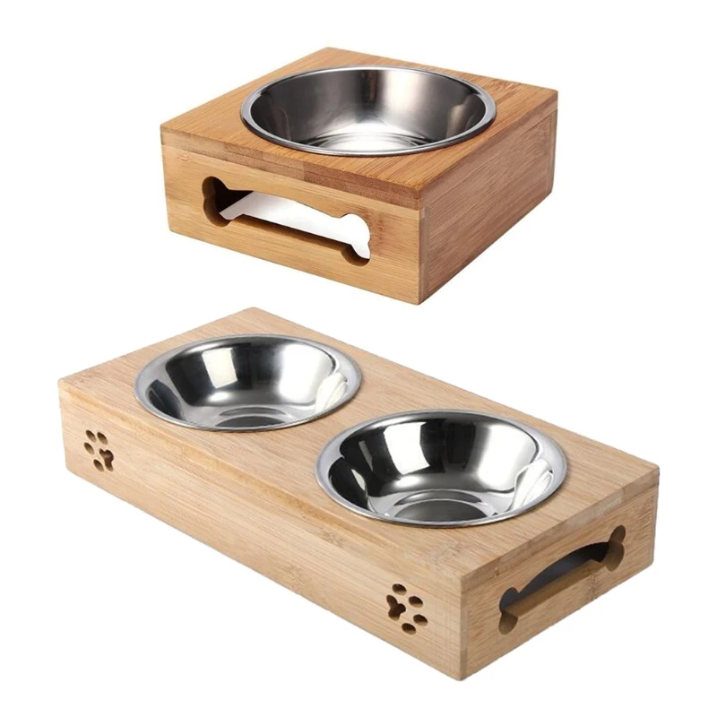 Миски для корма собак и воды Бамбуковая кормушка одинарная/двойная миска
