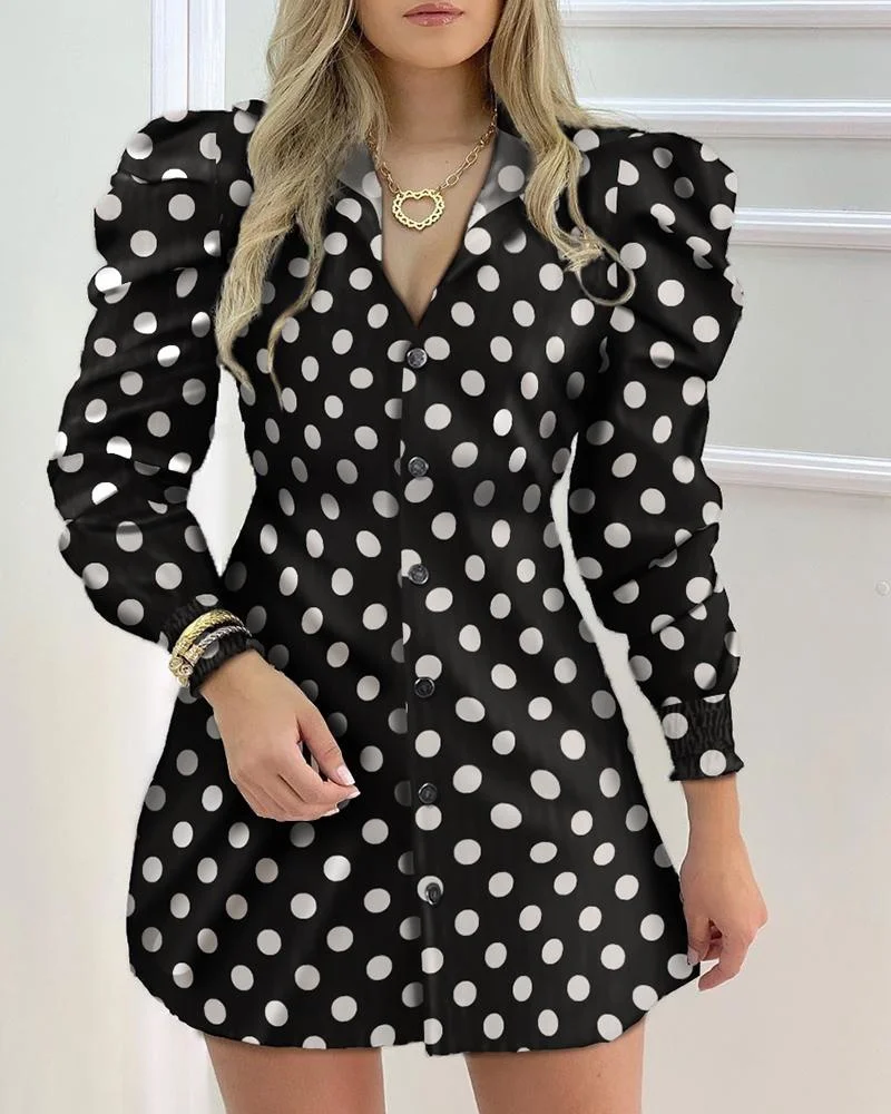 

Shirt Dress Women Mini Polkadot Print Turn-down Neck Puff Sleeve Single Breasted Buttons Autumn Spring Female Fashion Vestido