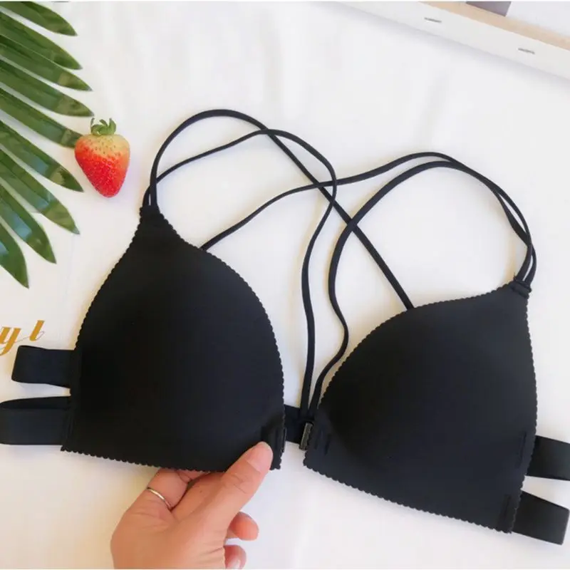 

Womens Sexy V-Neck Front Closure Bra Push Up Padded Seamless Underwear Strappy Bandage Backless Bralette Wire Free Brassiere