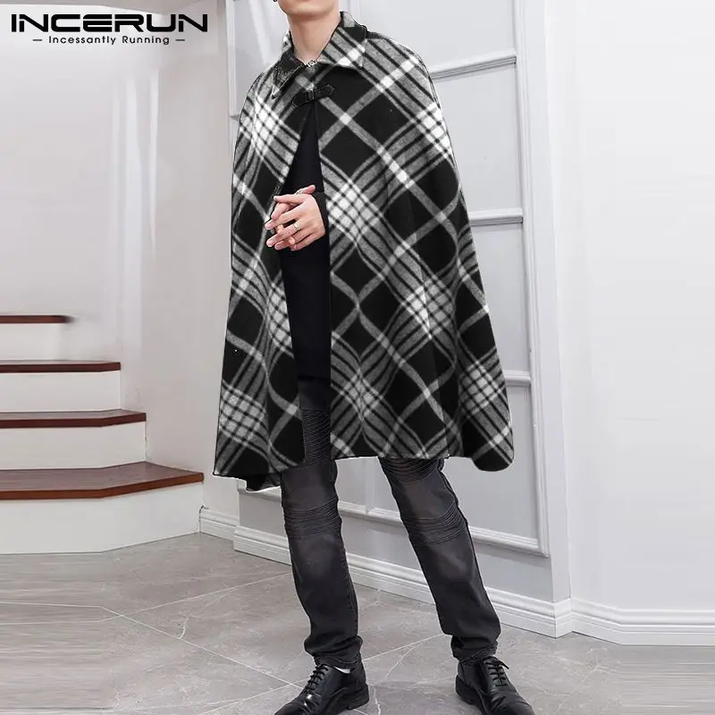 

Men's Stylish Casual Style Plaid Cape Jackets Blazer Male All-match Simple Knee-length Cloak Poncho Coat S-5XL INCERUN Tops 2023