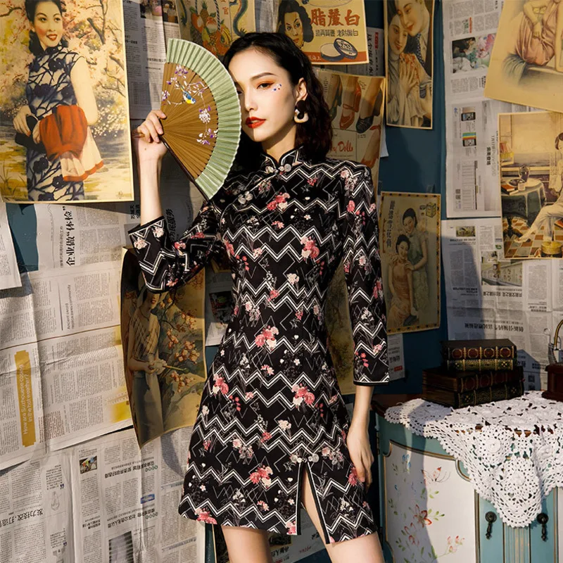 Sheng Coco мини сексуальное Полосатое платье Qipao с длинными рукавами Черное Чонсам с принтом из бархата с защитой для женщин новинка дизайн Китай Qi