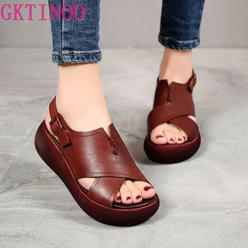 

GKTINOO 2021 Women Genuine Leather Sandals Summer Wedge Platform Gladiator Sandals Women Open Toe Retro Casual High Heel Sandals