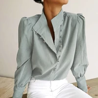 2022 elegant turtleneck blouses office ladies tops casual solid white shirts single breasted puff long sleeve womens blouse