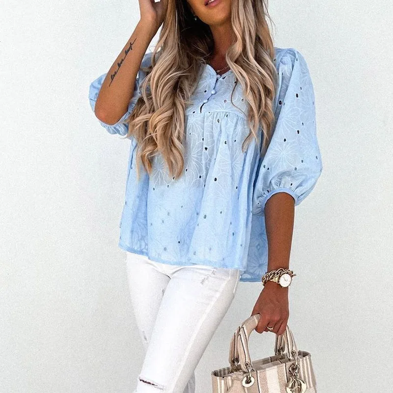 

Fashion Embroidery Hollow Out Blouse Casual Lantern Sleeve Women Loose Shirt Blusa Elegant V-Neck Button Lady Pullover Tops 2021