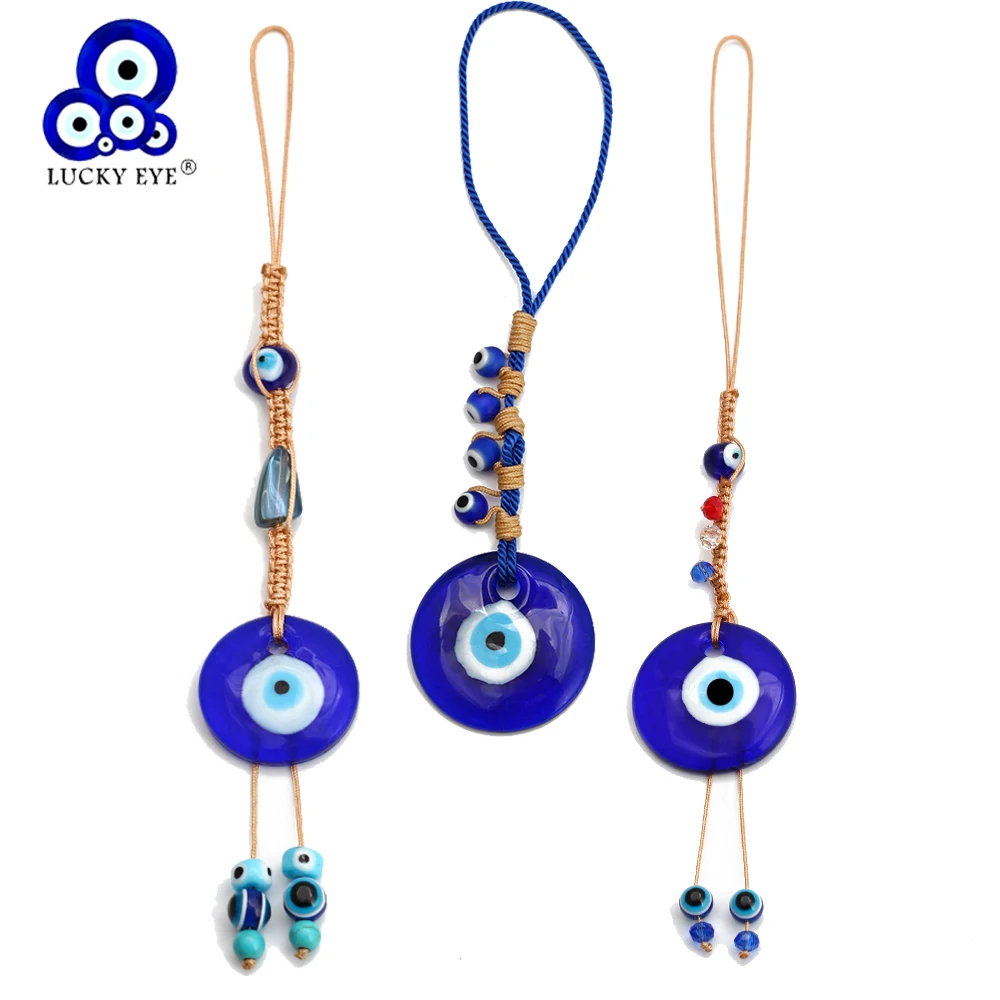 

Lucky Eye Glass Blue Turkish Evil Eye Beads Pendant Wall Hanging Decor Braided Rope Chain Decoration for Home Living Room NB203