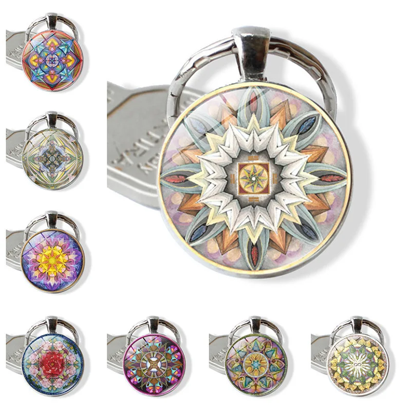 

WG 1pc Buddhist Mandala Flower Time Gem&stone Metal Keychain Keyring Pendant Cabochon Glass Ball Keychain Jewelry