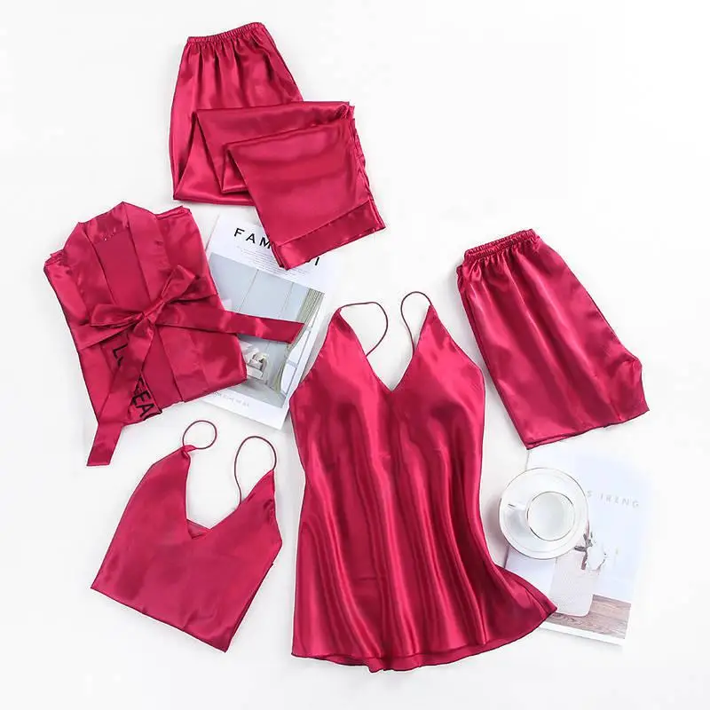 

Long Sleeve Female Burgundy Nightwear Home Clothing Bathrobe Gown Bride Wedding Robe Set Sexy 5PCS Sleepwear Kimono Gown