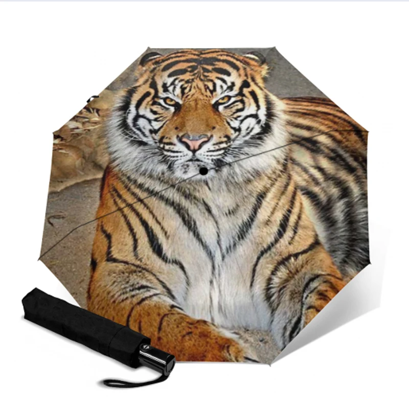 Дорожный полностью автоматический зонт женский с принтом тигра защитой от