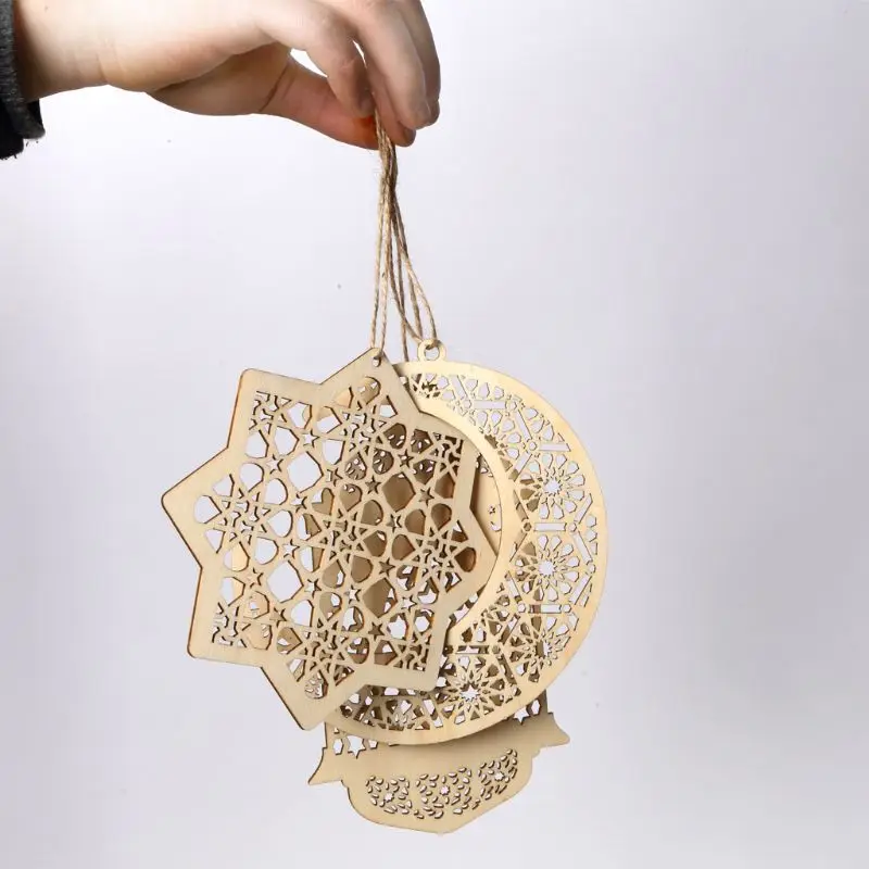 

3pcs/set Islam Eid Ramadan Mubarak Hollow Decoration Wooden Hanging Lantern Baubles DIY Crafts