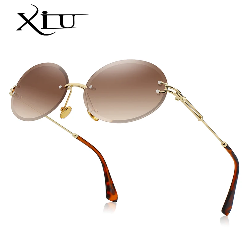 

Овальные Солнцезащитные очки XIU в стиле ретро для женщин, без оправы, с прозрачными серыми и коричневыми линзами, uv400