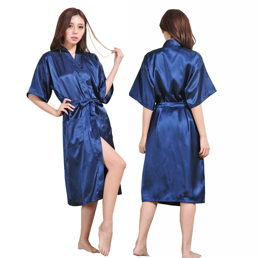 Navy blue back name Индивидуальный длинный халат, Свадебный индивидуальный халат для невесты, вечерние, имитирующий шелк, мягкий домашний банный халат для женщин, кимоно, халаты - Цвет: Navy blue back name
