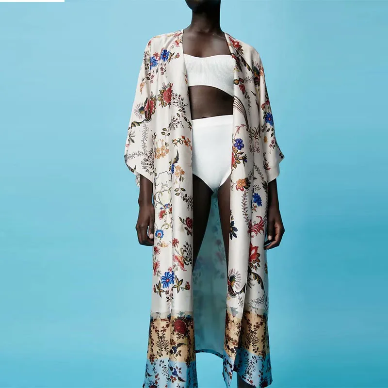 

Женские летние свободные длинные ZA кимоно футболки Блузы-топы свободное 2021 в винтажном стиле, с принтом, с поясом, с бантом, женские; Модная у...