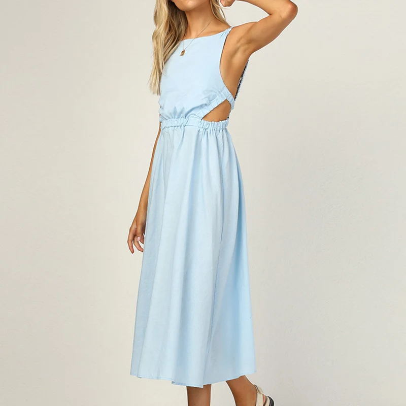 

Sleeveless Backless Women's Long Dress Summer Solid Casual O-Neck Women Dresses 2021New Sexy Fashion Streetwear Ladies Clothes