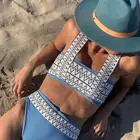 Женский купальник бандо, пляжный комплект бикини с высокой талией, бандажный полосатый эластичный купальник, купальный костюм, бикини, купальник E987