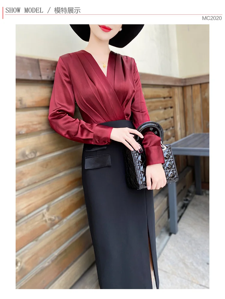 

2021 Spring Elegant Patchwork Fake Two Dresses Women Fashion Satin Office Clothes Vintage Slit Wrap Dresses Ladies