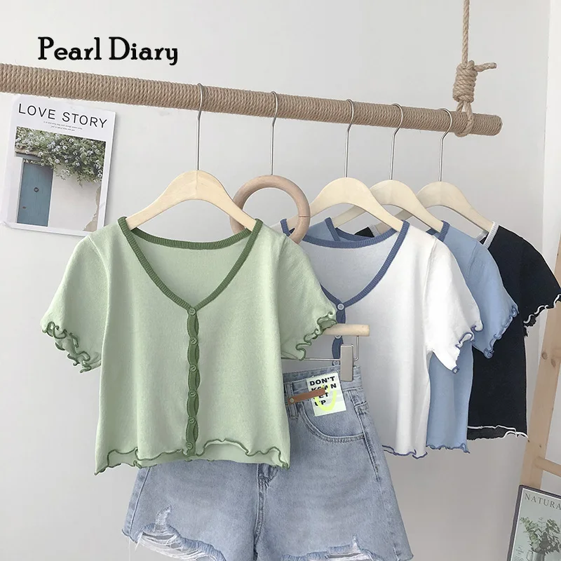 

Pearl Diary Women Summer Tees Solid Color Buttons Front Lettuce Edge Short Sleeve Casual Crop Cardigans Contrast Binding Tops