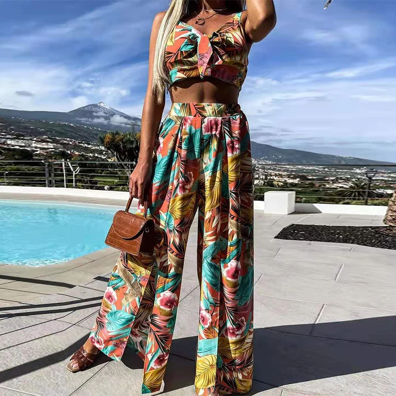 

Sexy Pants Set Hollow Out Bow Crop Tops And Split Wide Leg Pants Suits Summer Women Two Piece Set