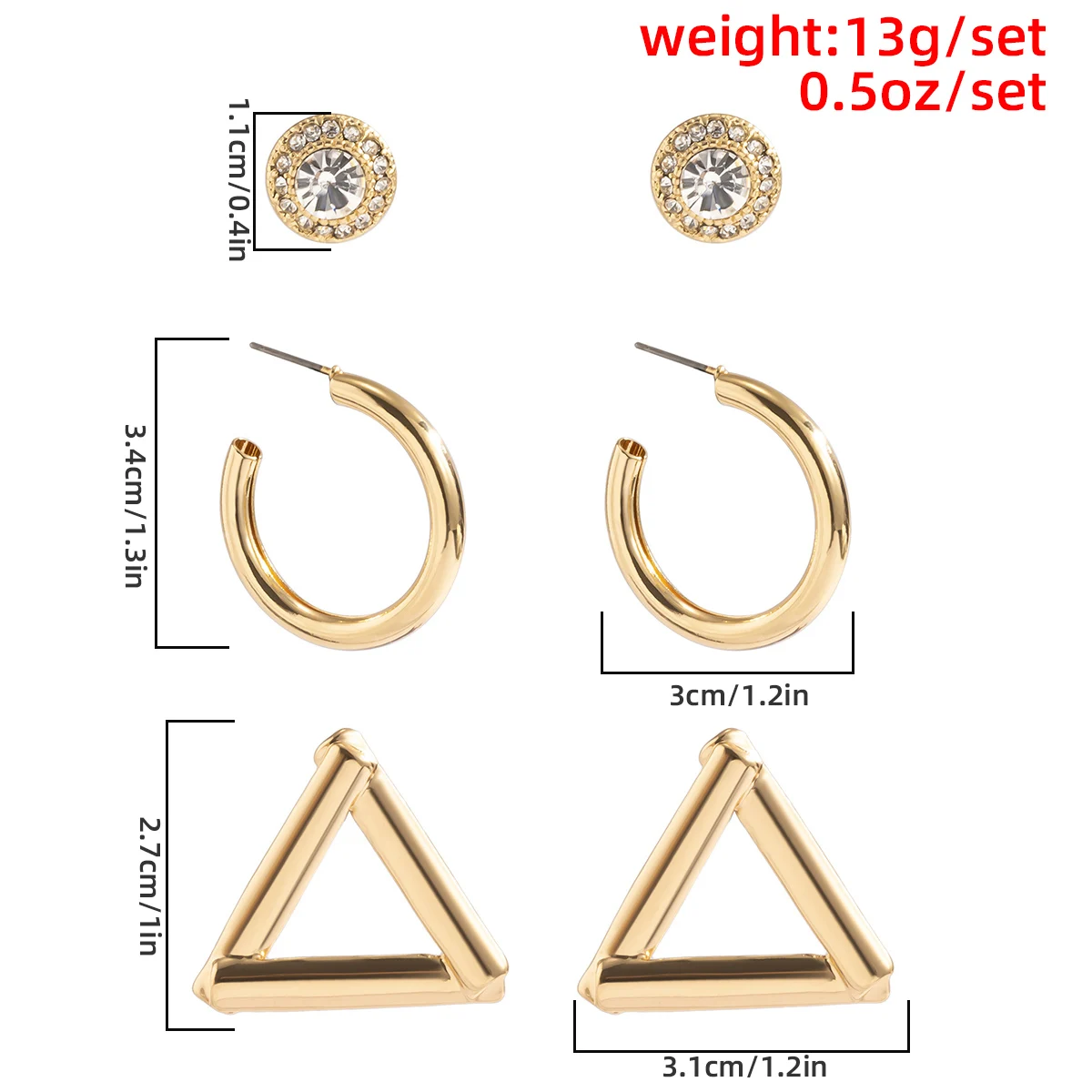 

3Pair/Set Hot Sale Punk Geometric Gold Color Big Stud Earrings For Women Luxury Crystal Shine Temperament Earring Brinco Jewelry