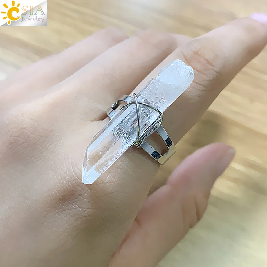 CSJA Women Ring Natural Stone Irregular Crystal Silver Color Wire Wrapped Adjustable Open Rings Reiki Fashion Jewelry Party G559 | Украшения