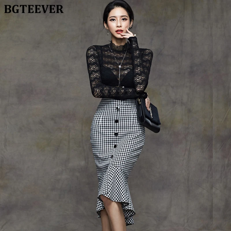 Женский офисный костюм двойка BGTEEVER тонкий прозрачный кружевной топ и клетчатая