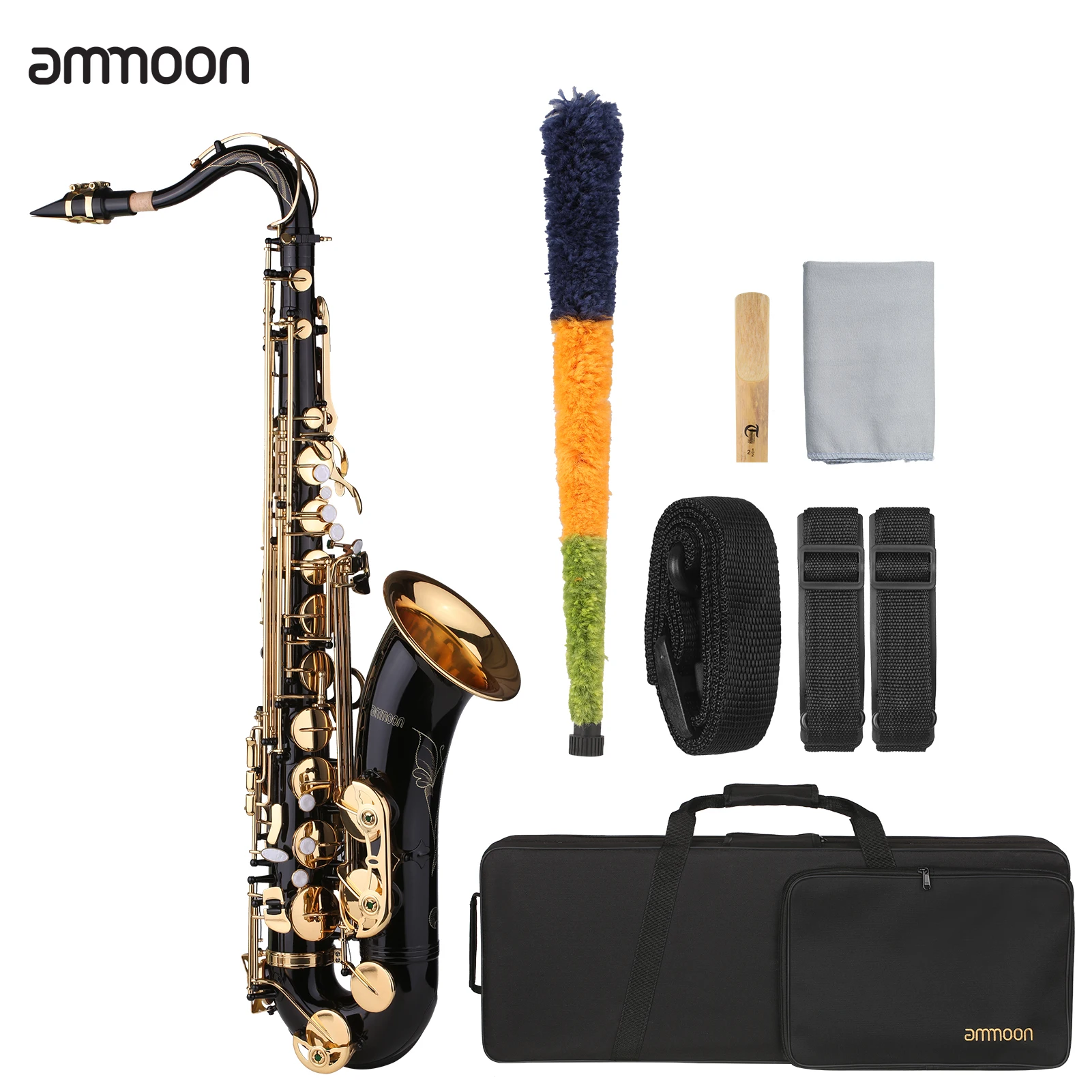 

ammoon B-flat Tenor Saxophone Bb Black Lacquer Sax with Case Mouthpiece Reed Neck Strap Cleaning Cloth Brush for Beginners