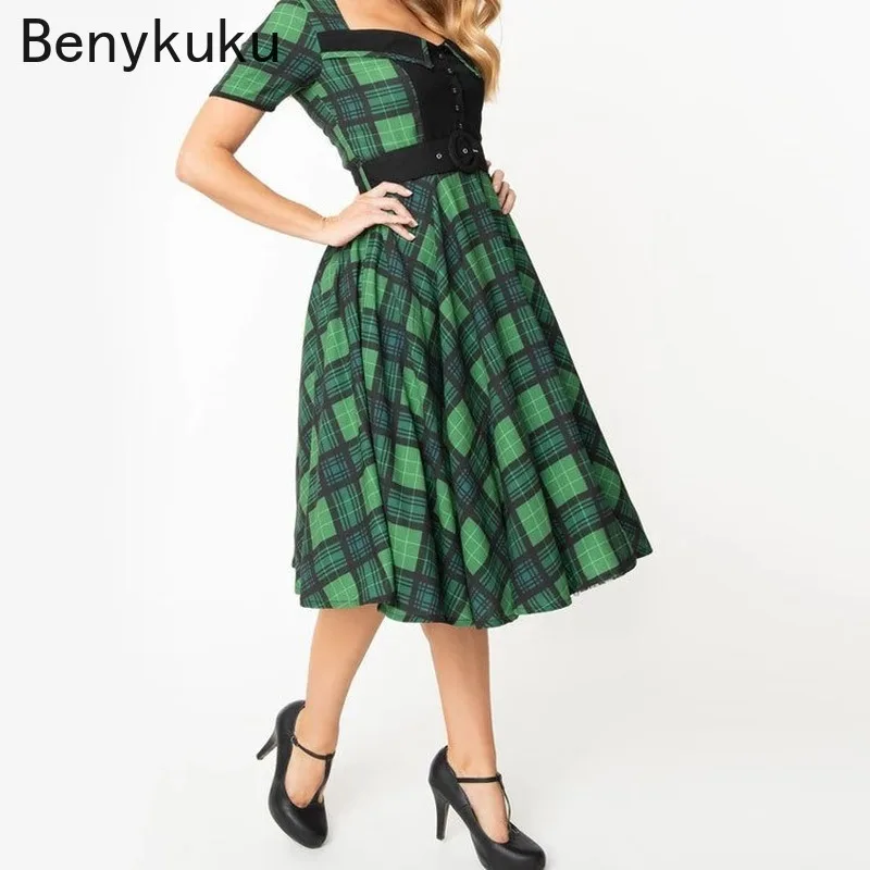 

Green Plaid Rockabilly 1950S Vintage Dress Button V Neck Elegant Party Dress Belt Women 2021 Summer Short Sleeve A Line Dresses
