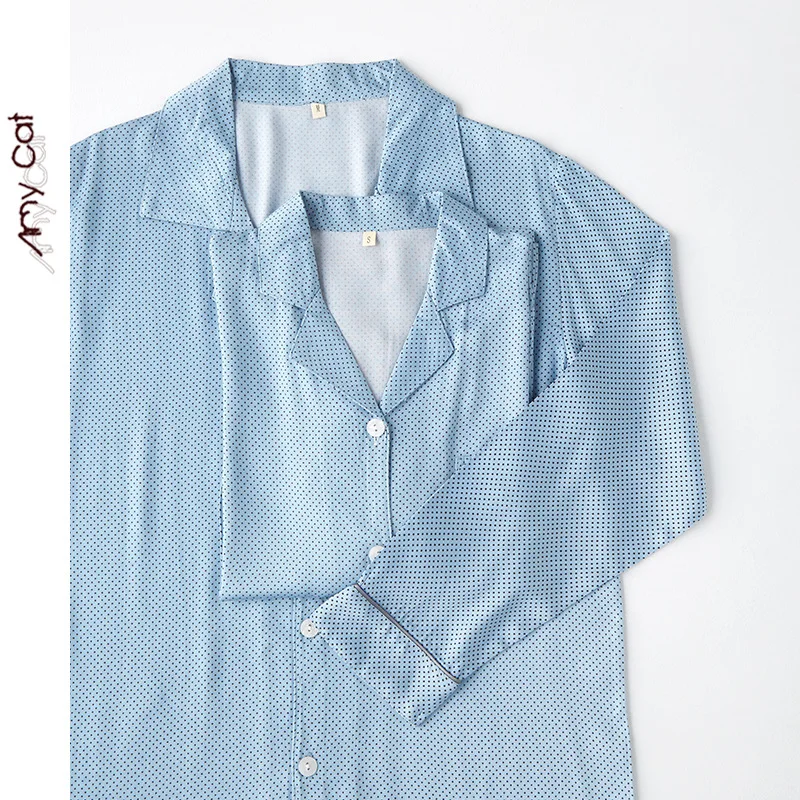 

Осень 2020, пижамы для пар, черные атласные брюки в горошек с длинными рукавами, кардиган, костюм, атласный удобный женский халат для дома