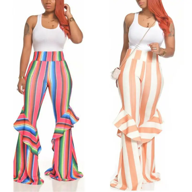 

Women High Waisted Flared Pants Wide Leg Trousers Striped Ruffle Casual Bottoms