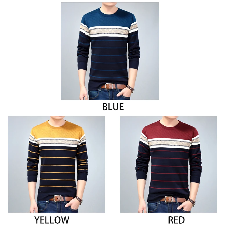 2020 осенний повседневный мужской свитер с круглым вырезом в полоску облегающий