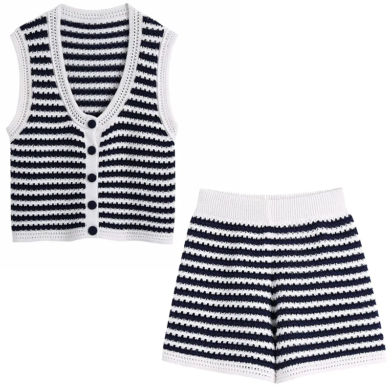 

Женский трикотажный комплект из 2 предметов, жилет на пуговицах и шорты в полоску, повседневный комплект для женщин, лето 2021
