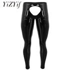 Черное Мужское нижнее белье, блестящие облегающие брюки из лакированной кожи с открытой спиной и карманом, леггинсы, брюки для геев, одежда для ночного клуба
