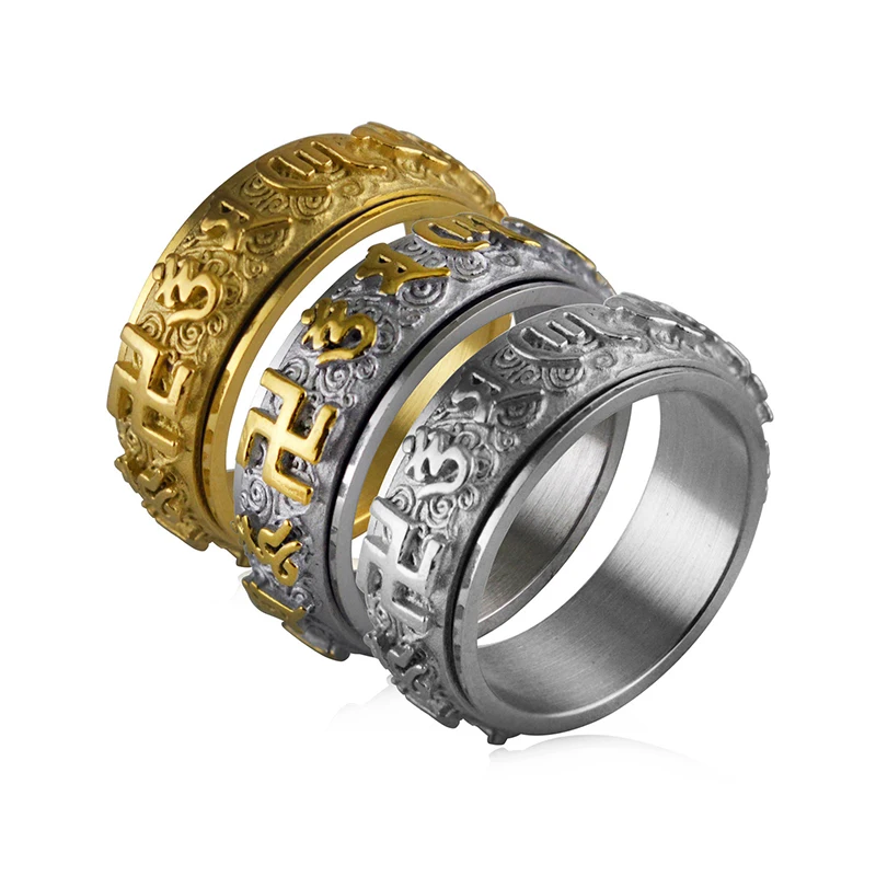 

Fashion Stainless Steel Men Jewelry Religion Style Buddhism Letter Spinner Rings for Women Female Anillos Bagues Accessories