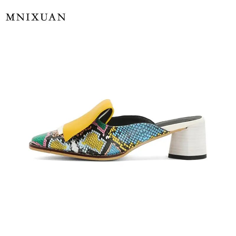 

Sandalias de mujer shoes woman pumps high heels mules 2020 summer new square toe slip on snake print block heel sandals size 42