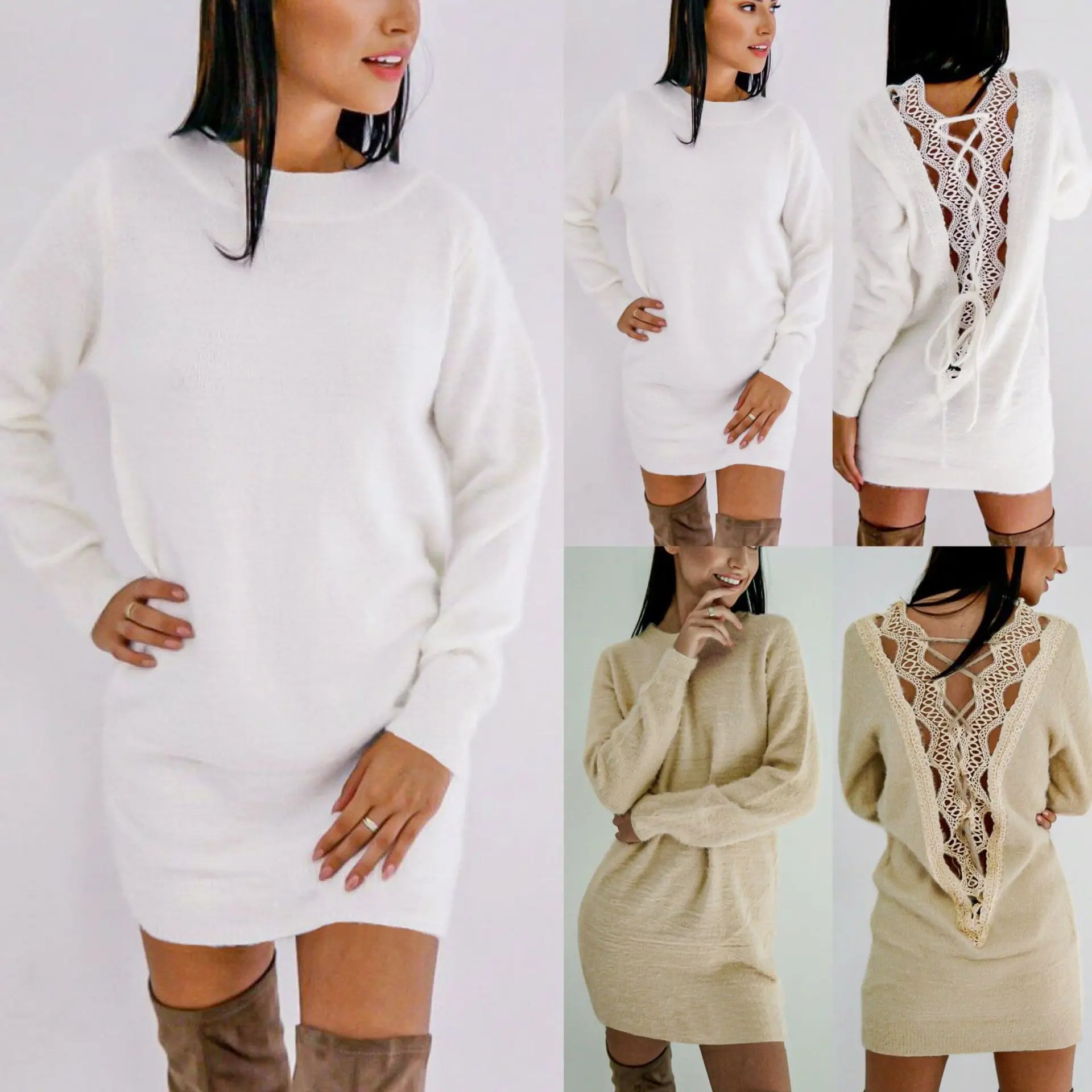 Женское кружевное платье с длинным рукавом круглым вырезом и открытой спиной |
