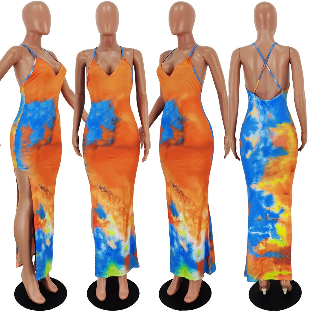 

Sexy Tie Dye Spaghetti Straps Split Evening Party Summer Long Dress Women Elegant Bandage Backless Boho Beach Dresses Vestidos