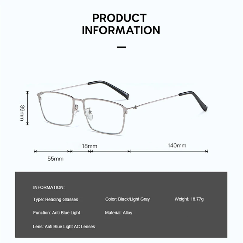 

Ahora Anti Blue Light Metal Square Blocking Men Reading Glasses AC Glasses Lenses +1.00 +1.50 +2.00 +2.50 +3.00 +3.50